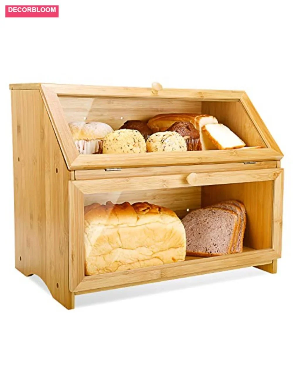 Double Layer Bamboo Bread Box with Clear Window, Large Capacity